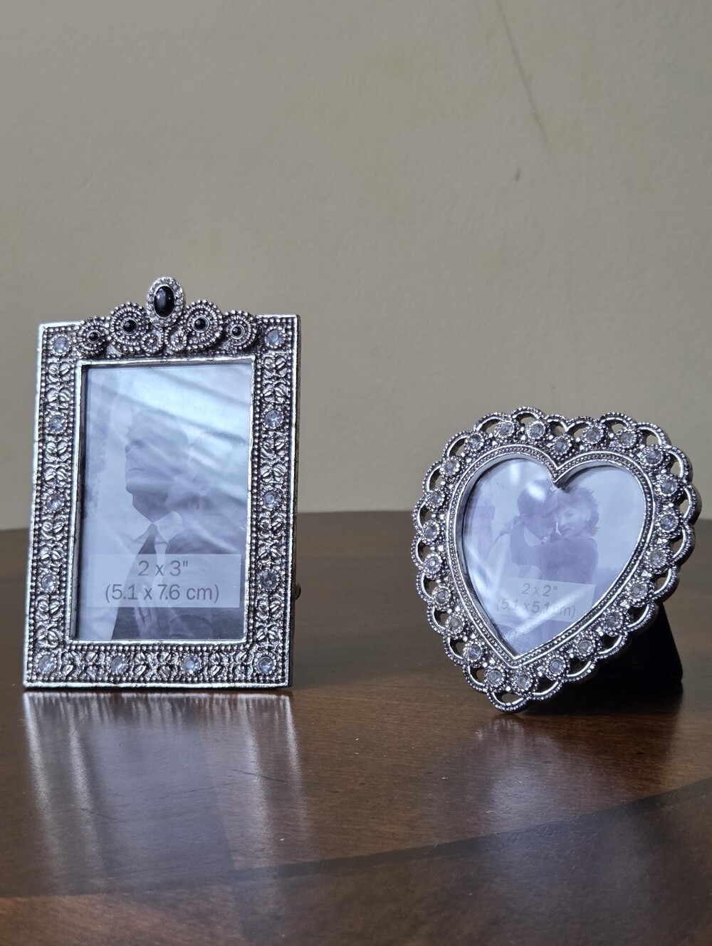 2 Vintage Rhinestone Picture Frames Wedding Heart Shape Art Deco